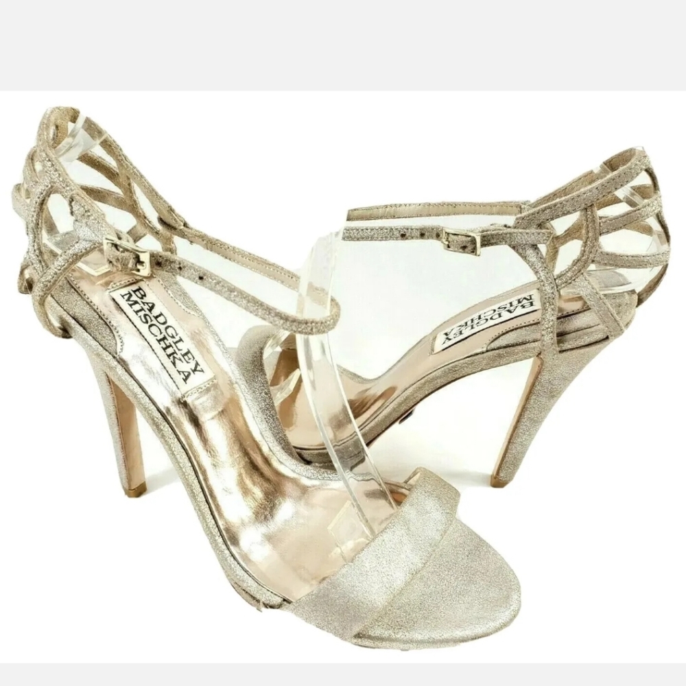 BADGLEY MISCHKA Leather Caged Heel Sandals Stiletto Pumps Sz 6.5 Silver Metallic